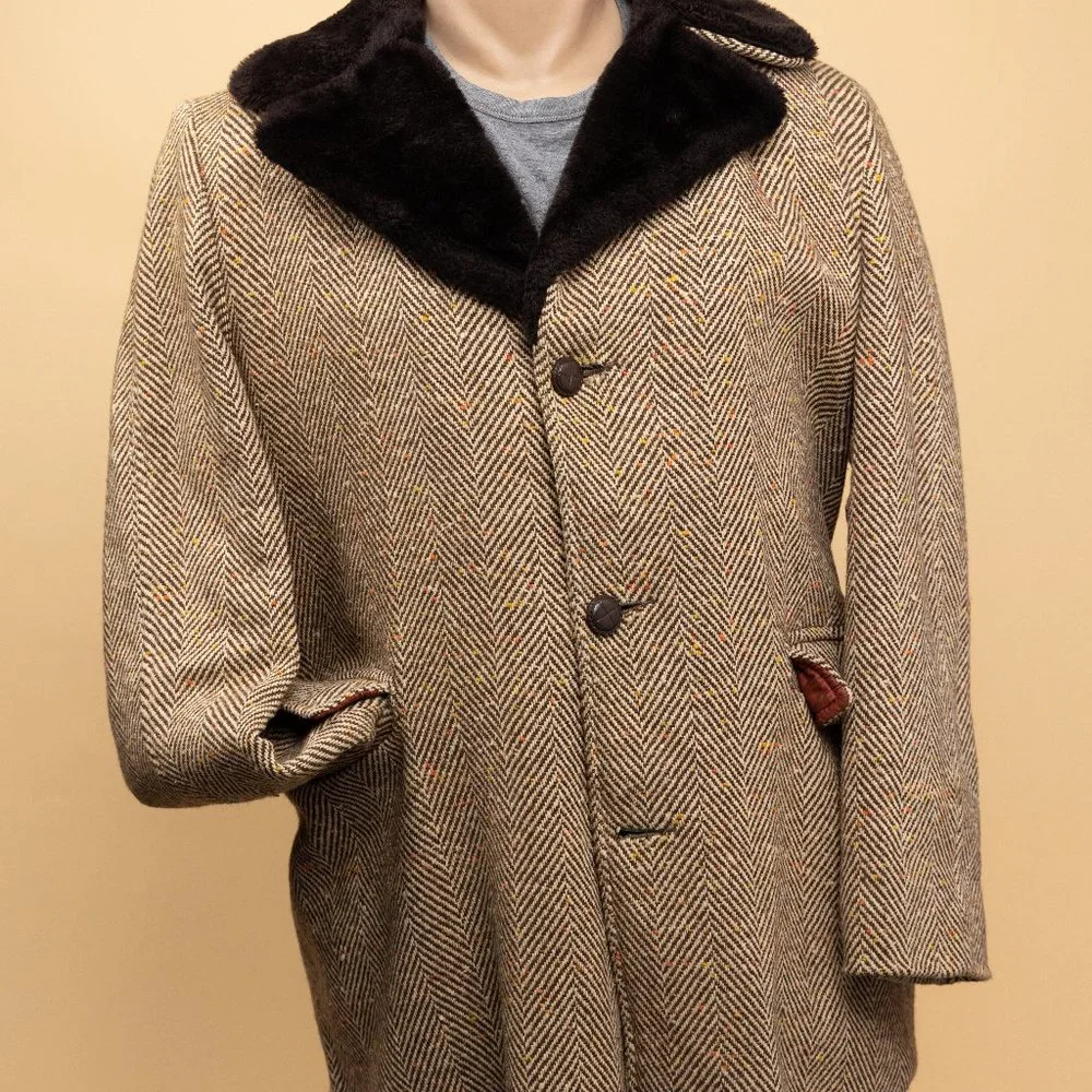 Vintage Men's Winter Trench Jacket Tweed Faux Fur - Picture 2 of 3